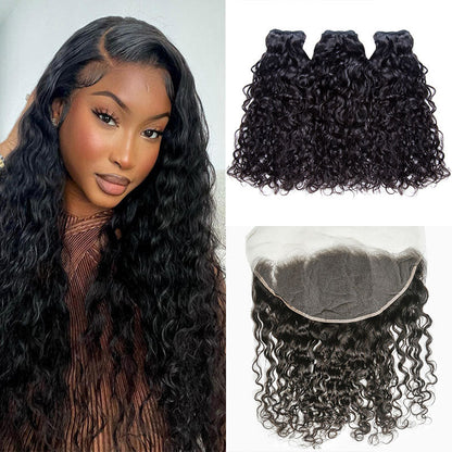 Hair 9A/10A/12A Water Wave 3 Bundles with 13x6 Frontal with Preplucked Hairline
