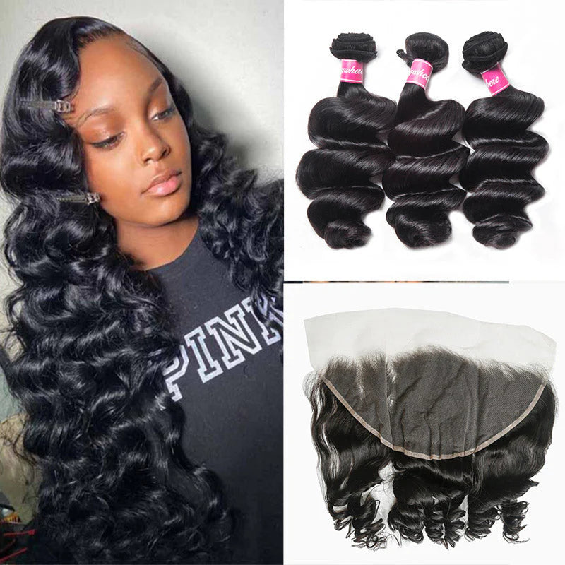 Hair 9A/10A/12A Loose Wave 3 Bundles with 13x6 Frontal with Preplucked Hairline