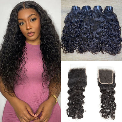 Hair Water Wave Bundles with 4x4 Lace Closure Indian Human Hair Free Part