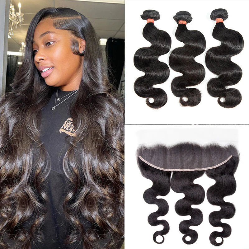 Hair 9A/10A/12A Body Wave Human Hair 3 Bundles with 13x4 Lace Frontal