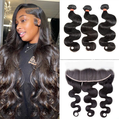 Hair 9A/10A/12A Body Wave Human Hair 3 Bundles with 13x4 Lace Frontal