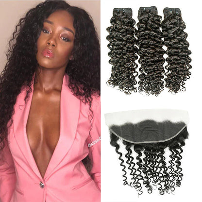 Hair 9A/10A/12A Jerry Curl Human Hair 3 Bundles with 13x4 Lace Frontal