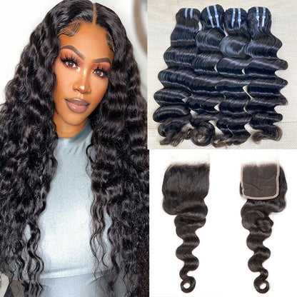 Hair Loose Deep 3 Bundles with 4x4 Lace Closure Indian Human Hair