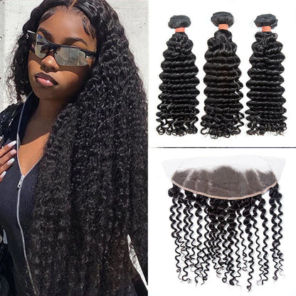 Hair 9A/10A/12A Deep Wave Human Hair 3 Bundles with 13x4 Lace Frontal