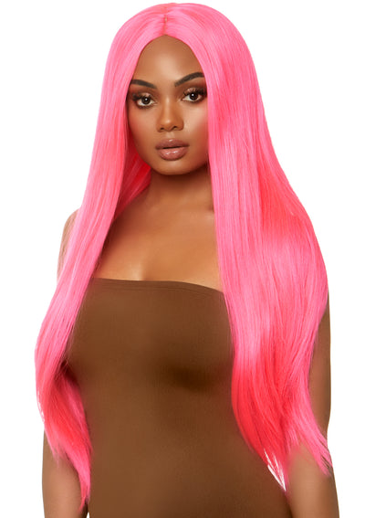 33" Long Straight Pink Wig – Center Part Synthetic Hair Wig in Display Bag Packaging