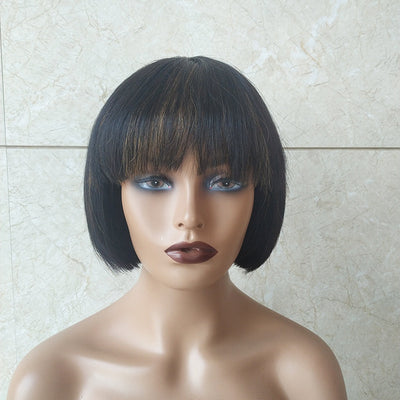 Double Drawn Short Bob Wig – Brazilian Human Hair, Qi Bangs, Dyeable & Heat Styleable, 8-12 Inches, Natural Black