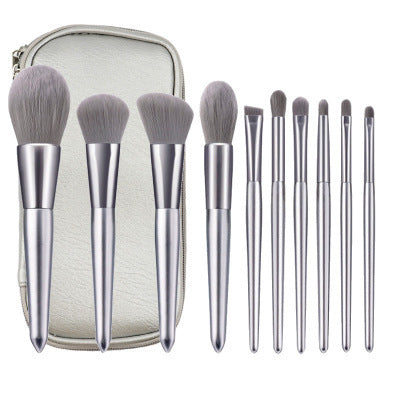 10-Piece Moonlight Silver Makeup Brush Set with Portable PU Case