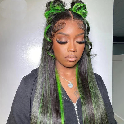 Green Highlight Straight Hair Lace Wig – Human Hair, 13x4 & 13x6 Lace Front, Customizable Lengths, Perfect for All Skin Tones