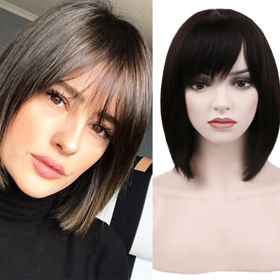 Chic Black Real Hair Wig with Ribbon Bangs | Fashionable Short Style