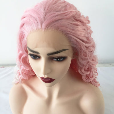 Pink Lace Long Curly Wig | Half Machine, Half Handwoven | Heat-Resistant Fiber