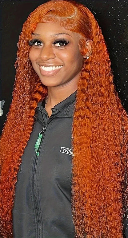 26+ Inch Curly Human Hair Wig – 350# Orange Ginger, HD Lace Front, Pre-Plucked with Baby Hair