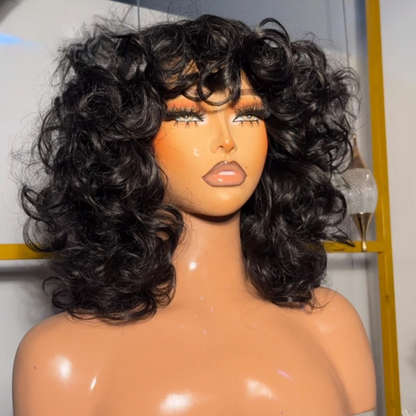 Bouncy Curly Bob Wig with Bangs – 9A Virgin Human Hair, Pixie Cut, Shedding-Free, Tangle-Free