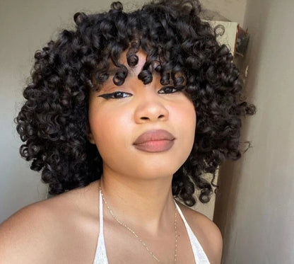 Bouncy Curly Bob Wig with Bangs – 9A Virgin Human Hair, Pixie Cut, Shedding-Free, Tangle-Free