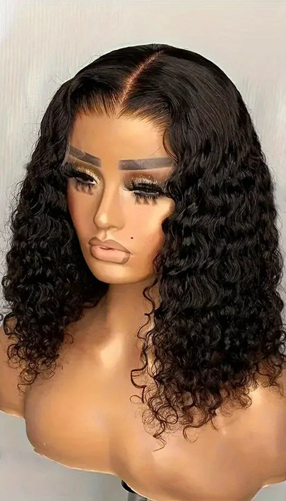 Short Deep Wave Lace Front Wig – 100% Human Hair, Transparent Lace, 4-16 Inch