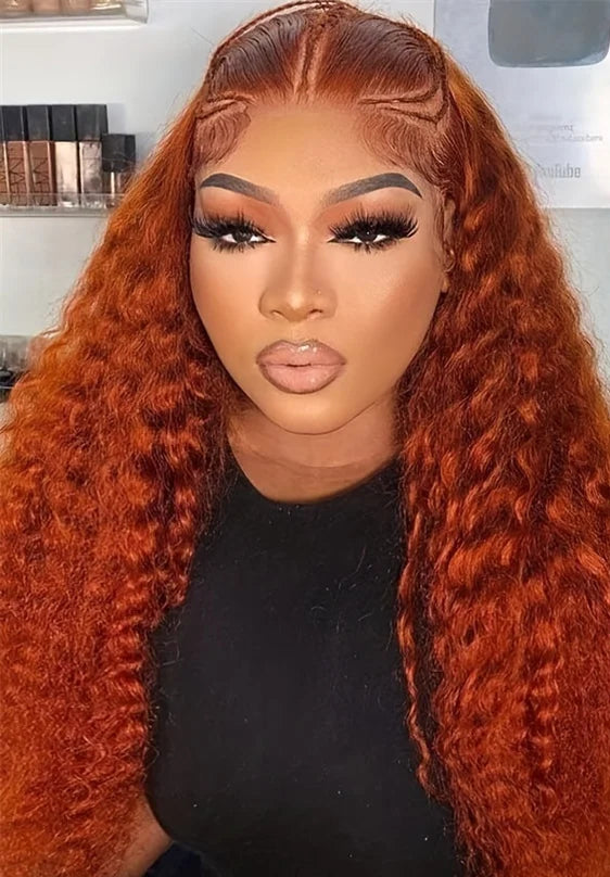 26+ Inch Curly Human Hair Wig – 350# Orange Ginger, HD Lace Front, Pre-Plucked with Baby Hair