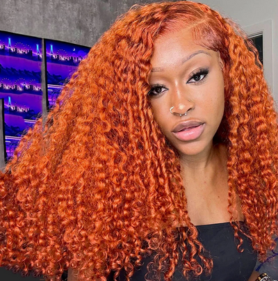 26+ Inch Curly Brazilian Human Hair Wig – 350# Orange Ginger, HD Lace Front, Pre-Plucked with Baby Hair