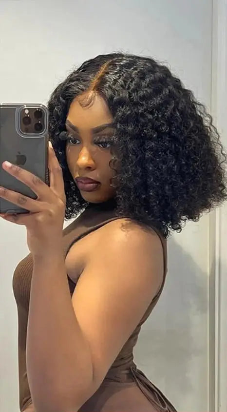 13x4 Deep Wave Bob Wig – 100% Human Hair, 180% Density, Short Bob, Transparent Lace, Natural Black Color, 10 Inch