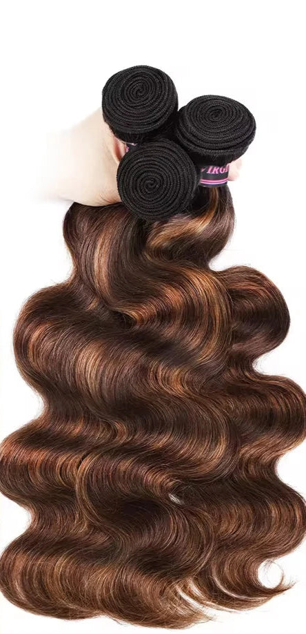 4/30 Highlight Body Wave Human Hair Bundles - 100% Highlighted Hair, Machine Double Weft, Can Be Permed & Dyed, Fast Delivery
