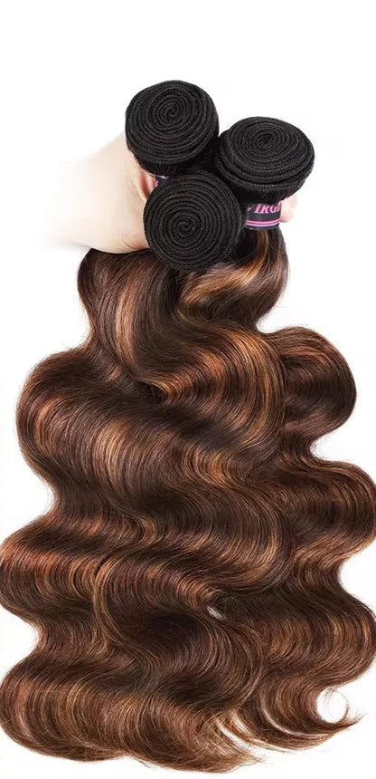 4/30 Highlight Body Wave Human Hair Bundles - 100% Highlighted Hair, Machine Double Weft, Can Be Permed & Dyed, Fast Delivery