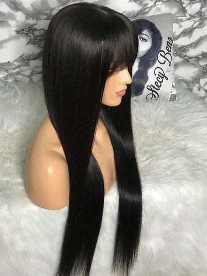 Premium Straight Human Hair Wig with Bangs – Transparent Lace, Natural Hairline & 30-36 Inch Length