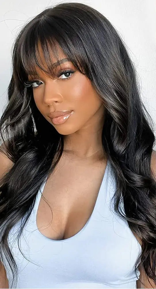 Body Wave Human Hair Wig with Bangs – 3x1 Glueless, 180% Density, Natural Black, Long Lengths (18–30 Inches)