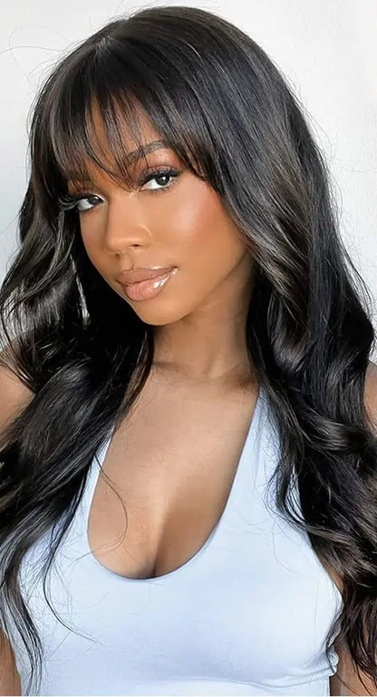 Body Wave Human Hair Wig with Bangs – 3x1 Glueless, 180% Density, Natural Black, Long Lengths (18–30 Inches)