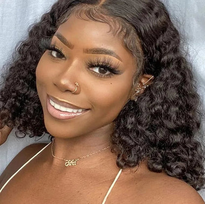 13x4 Deep Wave Bob Wig – 100% Human Hair, 180% Density, Short Bob, Transparent Lace, Natural Black Color, 10 Inch