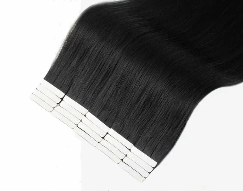 Straight Tape-In Hair Extensions | 100% Real Human Hair | Jet Black | 20 Pcs | Reusable & Long-Lasting