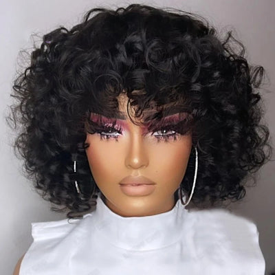 Short Funmi Curly Bob Wig with Bangs – 100% Brazilian Remy Human Hair, Bouncy & Stylish