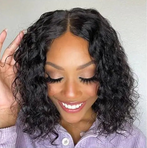 13x4 Deep Wave Bob Wig – 100% Human Hair, 180% Density, Short Bob, Transparent Lace, Natural Black Color, 10 Inch