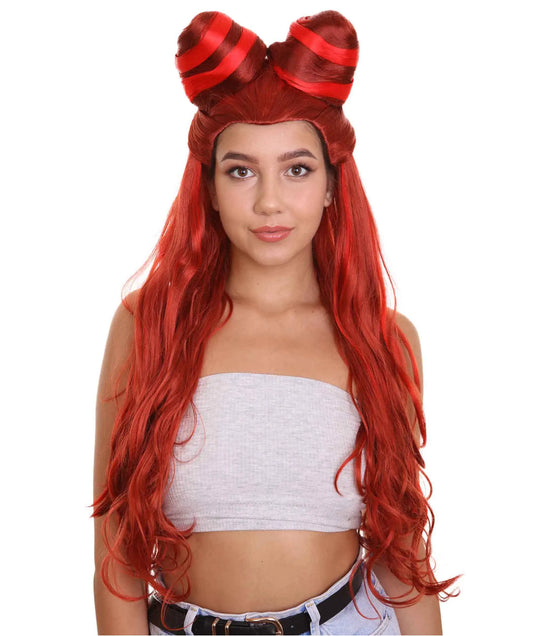 Red Long Wavy Cosplay Wig with Horns – Perfect for Halloween, Costume Parties & Cosplay Events