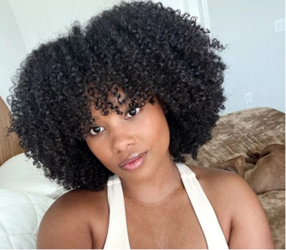 Short Jerry Curl Wig – 100% Virgin Human Hair, Afro Kinky Curly Wig with Bangs, 6-Inch Bob Style