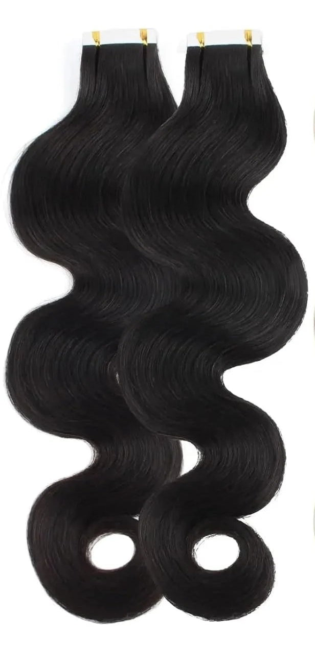 Natural Black Body Wave Tape-In Hair Extensions - 100%  Human Hair (12"-24") | Invisible, Reusable & Long-Lasting