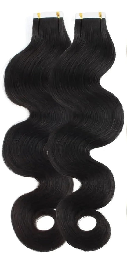 Natural Black Body Wave Tape-In Hair Extensions - 100%  Human Hair (12"-24") | Invisible, Reusable & Long-Lasting