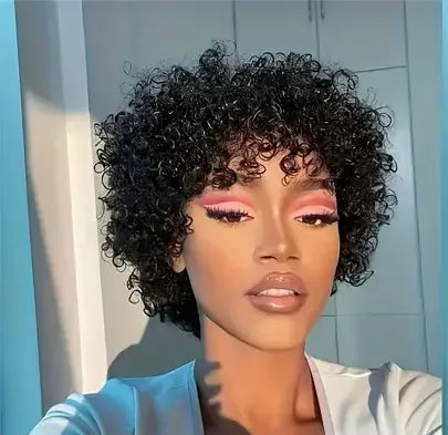 Short Jerry Curl Wig – 100% Virgin Human Hair, Afro Kinky Curly Wig with Bangs, 6-Inch Bob Style