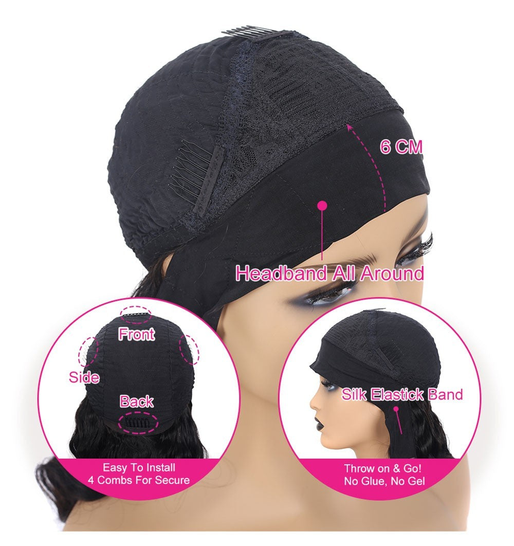 Black Women's Non-Glue Human Hair Silk Curly Wig – , Headband Style2