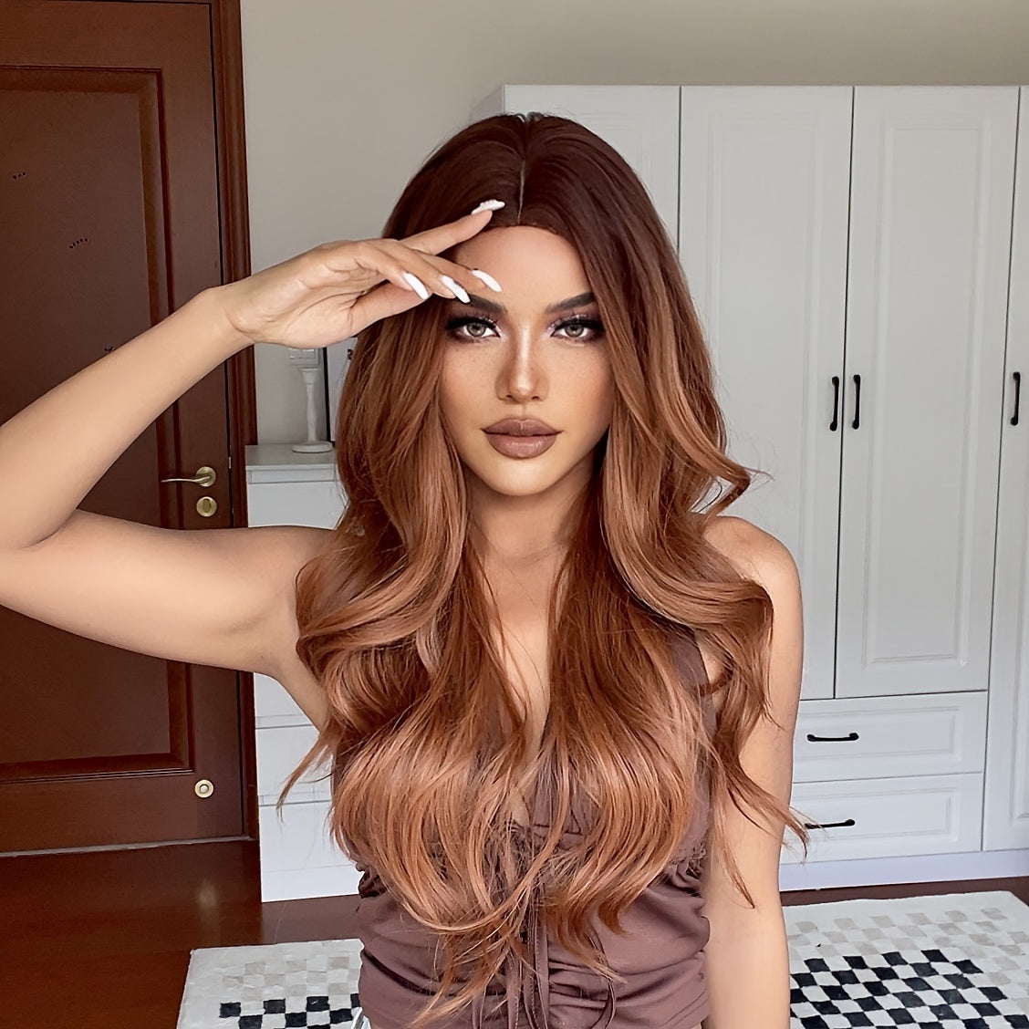 Brown Wavy Synthetic Wig – Monofilament Cap, Heat Resistant, Volumizing