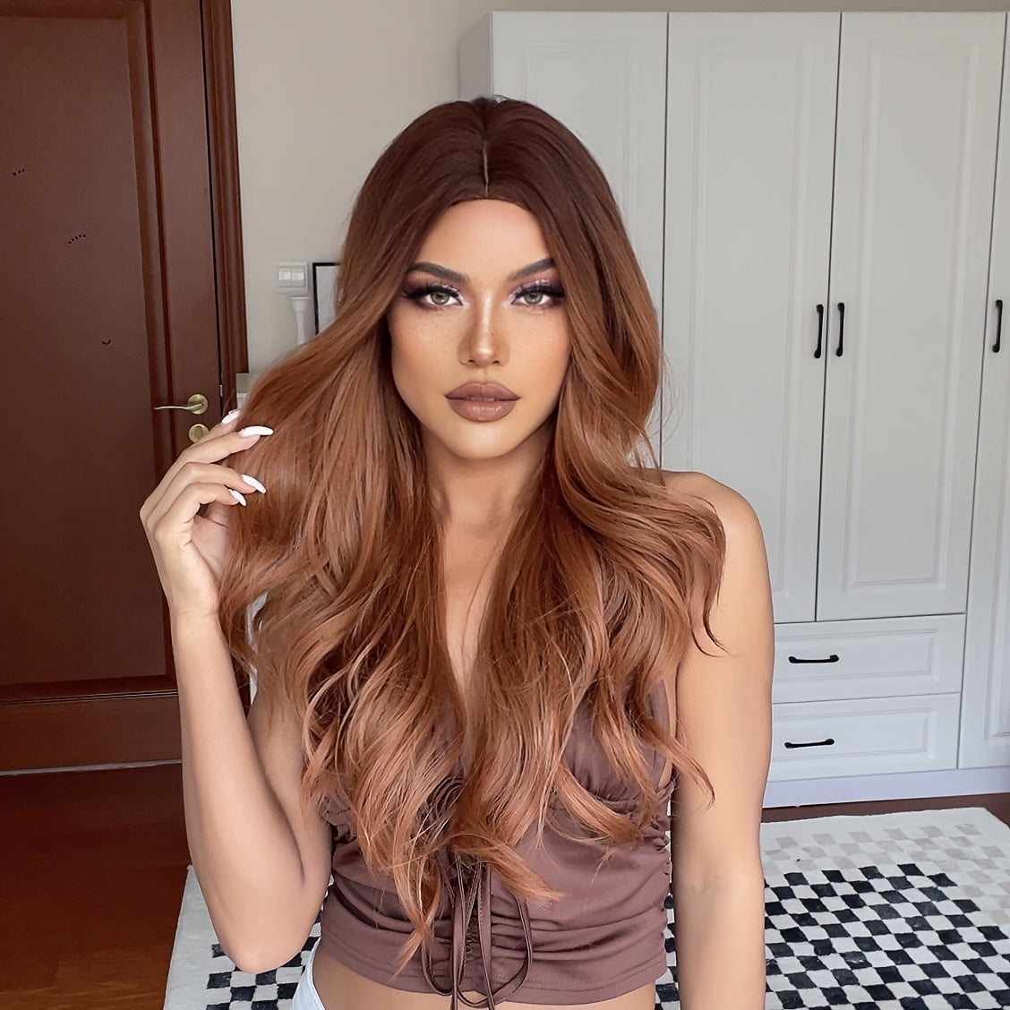 Brown Wavy Synthetic Wig – Monofilament Cap, Heat Resistant, Volumizing