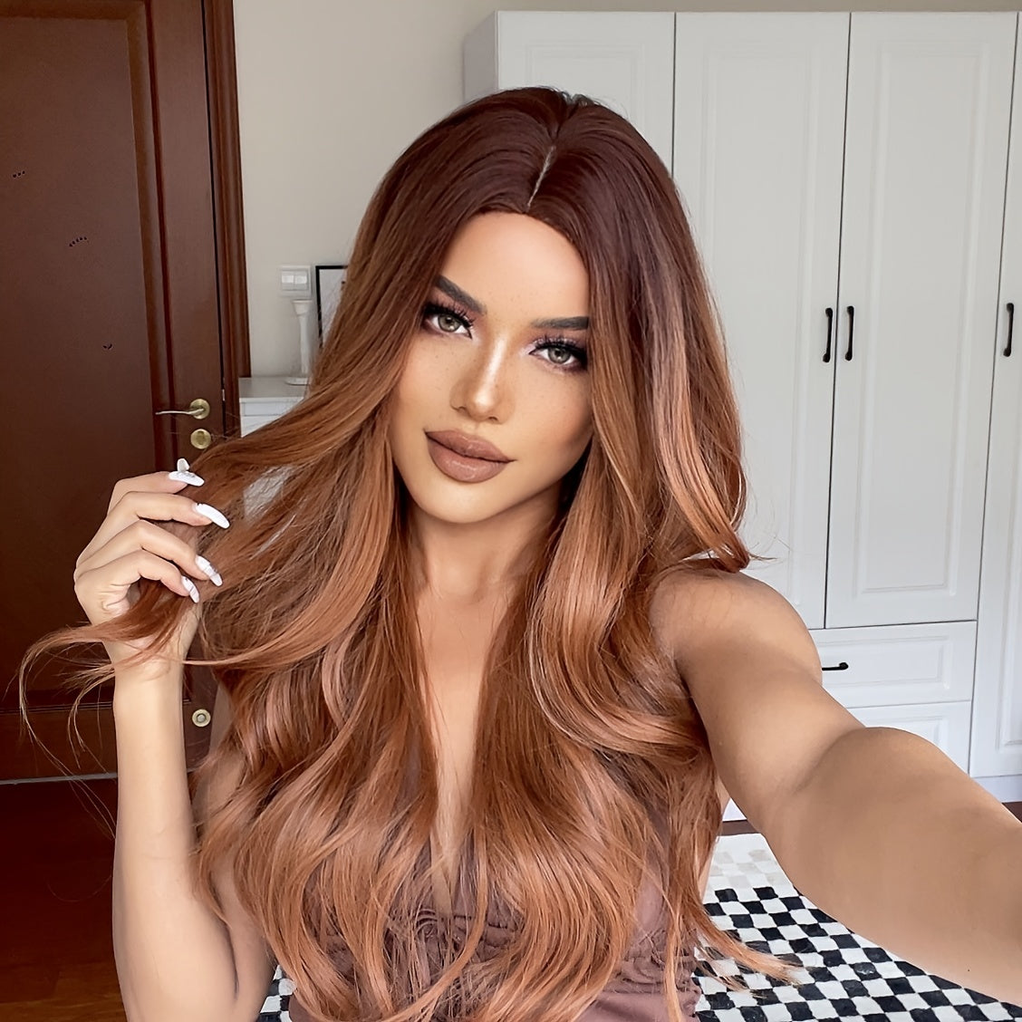 Brown Wavy Synthetic Wig – Monofilament Cap, Heat Resistant, Volumizing