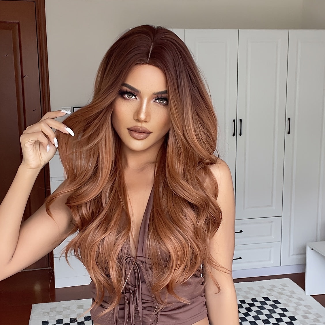 Brown Wavy Synthetic Wig – Monofilament Cap, Heat Resistant, Volumizing