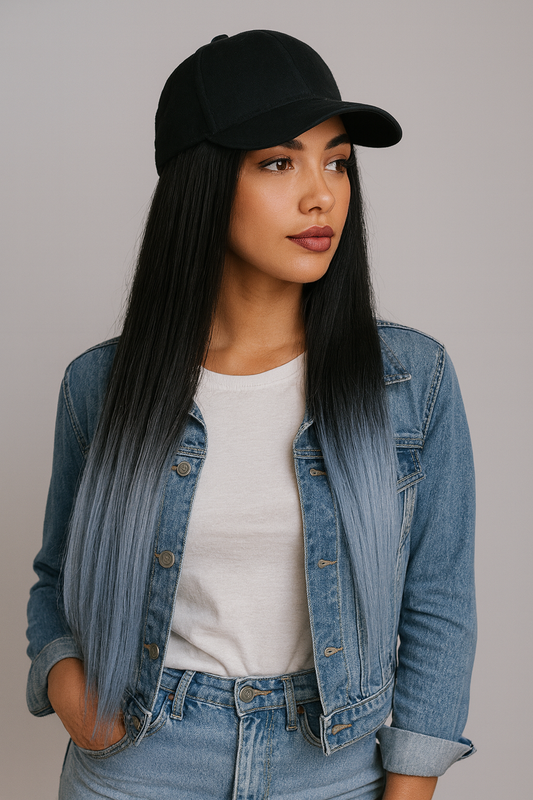 Black Baseball Cap with Grey Blue Wig – Long Straight Synthetic Hair