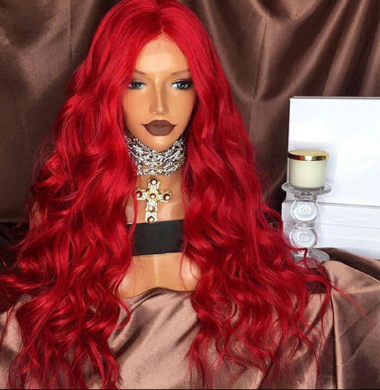 Chemical Fiber Front Lace Wig Headgear – Red Long Curly Hair, High Temperature Wire, Breathable, European & American Lace for Women