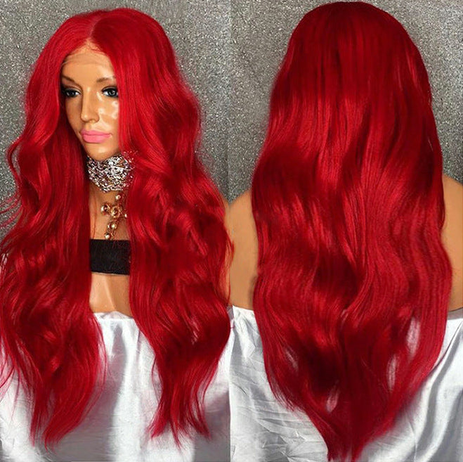 Chemical Fiber Front Lace Wig Headgear – Red Long Curly Hair, High Temperature Wire, Breathable, European & American Lace for Women