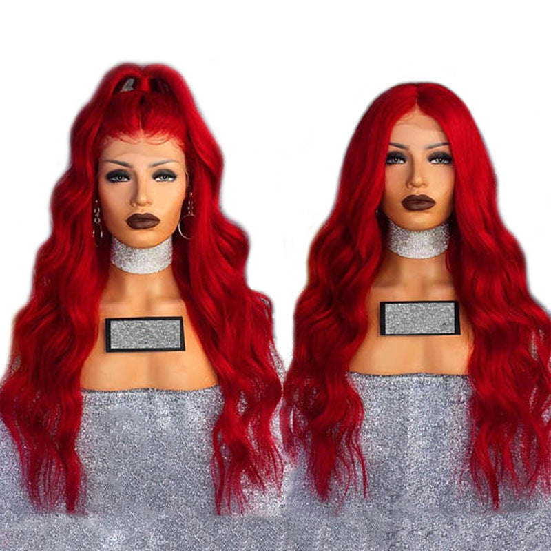 Chemical Fiber Front Lace Wig Headgear – Red Long Curly Hair, High Temperature Wire, Breathable, European & American Lace for Women