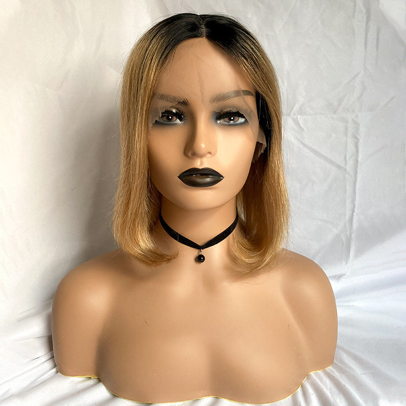 Color Bob Wig Real Hair Headgear – Medium to Long Length, Dyeable, T-Shaped Hand-Woven, Customizable Bangs