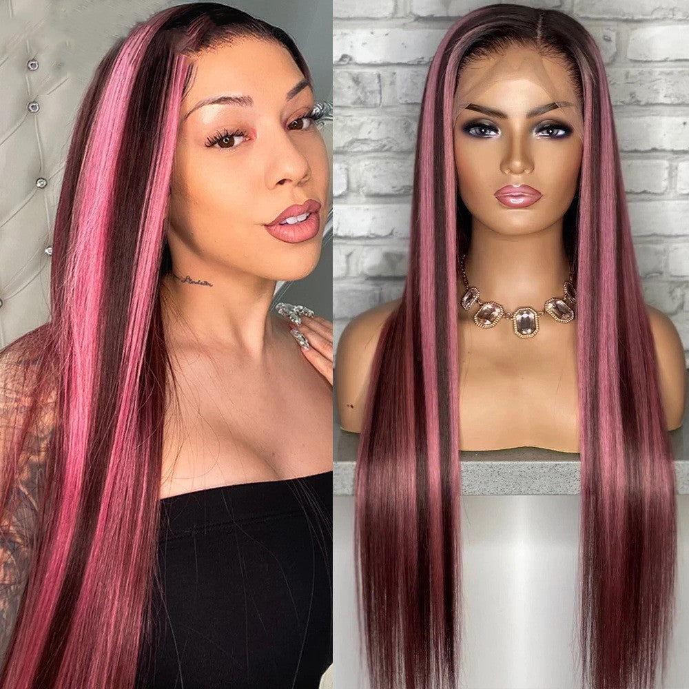 Elegant Brown Straight Highlight Wig - Hand-Woven Real Hair for Versatile Styling!3
