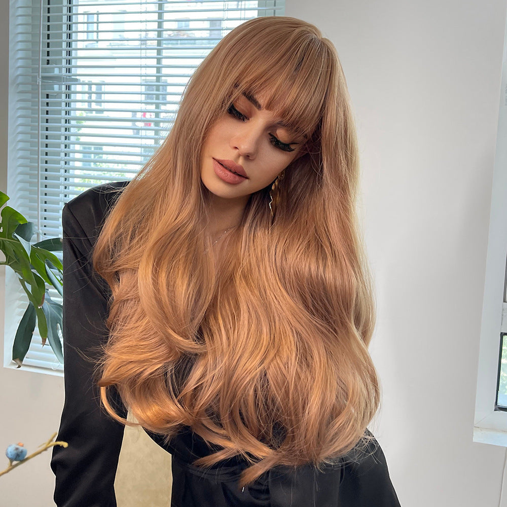 Elegant Long Brown Curly Wig with Bangs | Heat Resistant Synthetic Hair for Women