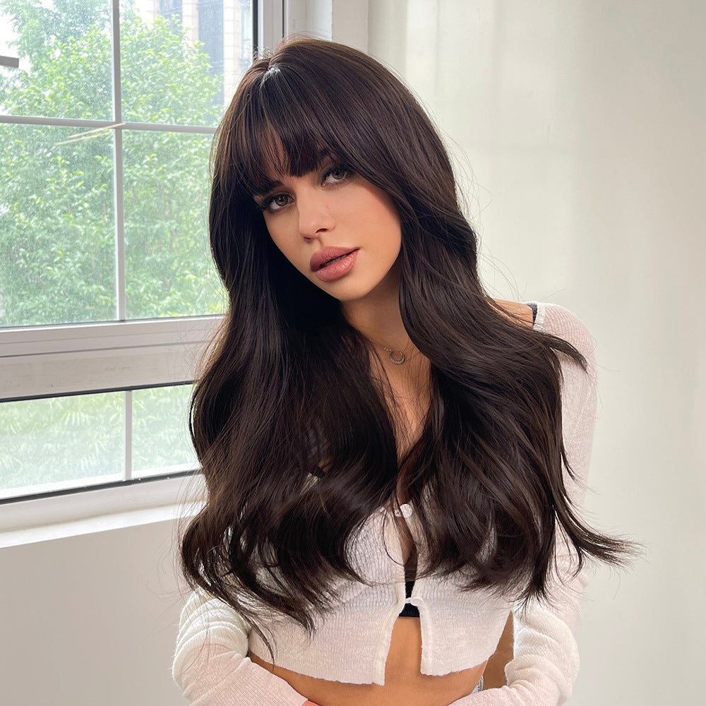 Elegant Long Brown Curly Wig with Bangs | Heat Resistant Synthetic Hair for Women