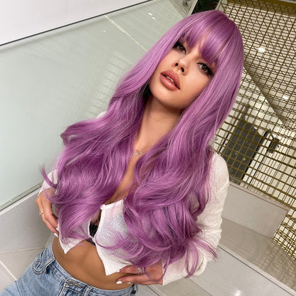 Elegant Long Brown Curly Wig with Bangs | Heat Resistant Synthetic Hair for Women