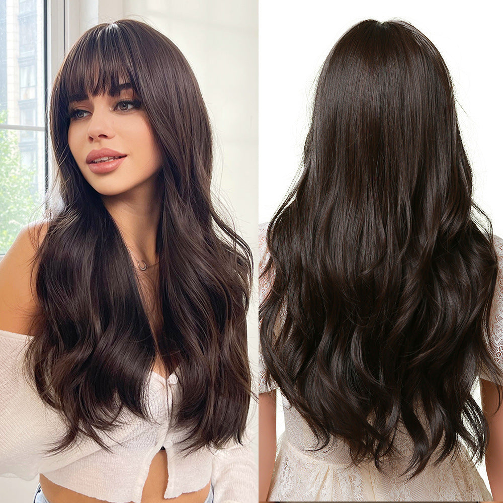 Elegant Long Brown Curly Wig with Bangs | Heat Resistant Synthetic Hair for Women